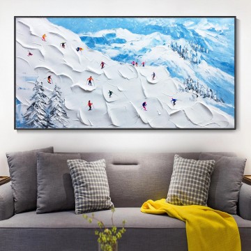 Artworks in 150 Subjects Painting - Skier on Snowy Mountain Wall Art Sport White Snow Skiing Room Decor by Knife 21 texture